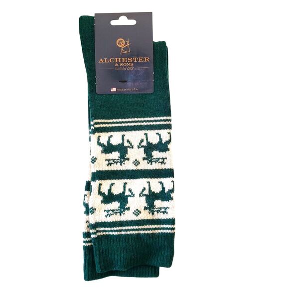 Green Rudolph Reindeer Socks Alchester Cashmere Wool Blend Mens Large Cozy Warm - Picture 3 of 5